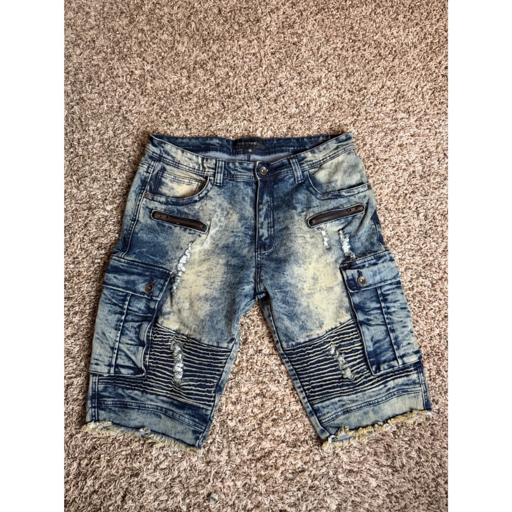 Decibel Mens Acid Wash Moto Cargo Denim Shorts Blue Distressed Sz 34 Streetwear